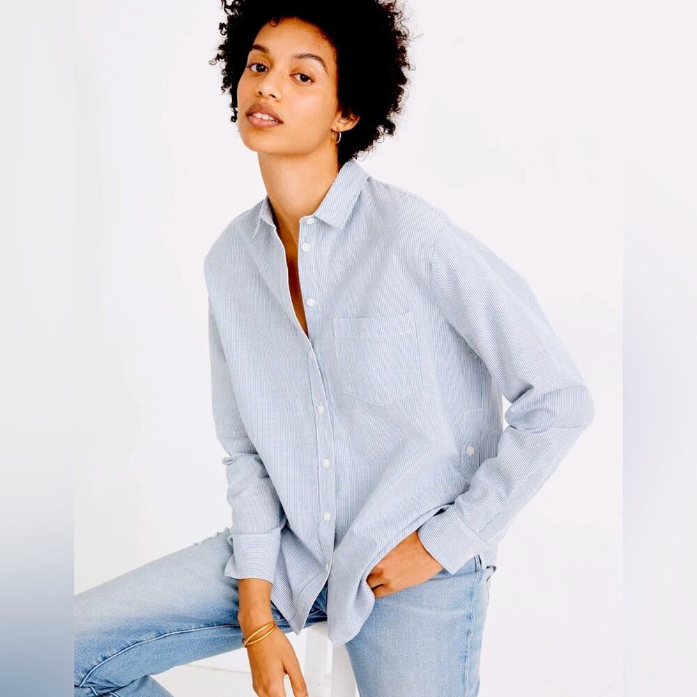 Madewell Women’s Shirt Side-Button Oversized Ex-Boyfriend in Stripe Capsule XS